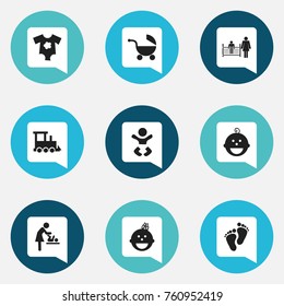 Set Of 9 Editable Child Icons. Includes Symbols Such As Childhood, Railway, Carefully Mother And More. Can Be Used For Web, Mobile, UI And Infographic Design.
