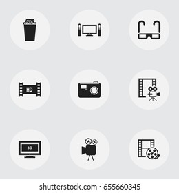 Set Of 9 Editable Cinema Icons. Includes Symbols Such As Widescreen, Film Spectacles, Cinematography And More. Can Be Used For Web, Mobile, UI And Infographic Design.