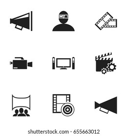 Set Of 9 Editable Cinema Icons. Includes Symbols Such As Video Camera, Clapperboard, Loudspeaker And More. Can Be Used For Web, Mobile, UI And Infographic Design.