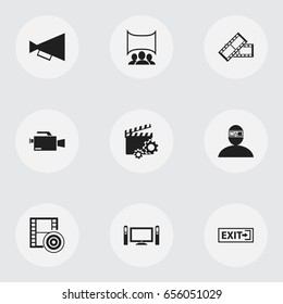 Set Of 9 Editable Cinema Icons. Includes Symbols Such As Spectator, Clapperboard, Outlet And More. Can Be Used For Web, Mobile, UI And Infographic Design.