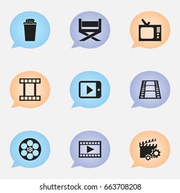 Set Of 9 Editable Cinema Icons. Includes Symbols Such As Clapperboard, Camera Strip, Retro Tv And More. Can Be Used For Web, Mobile, UI And Infographic Design.