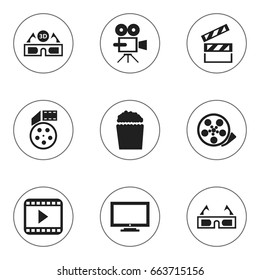 Set Of 9 Editable Cinema Icons. Includes Symbols Such As Cinema Snack, Tape, Clapper And More. Can Be Used For Web, Mobile, UI And Infographic Design.