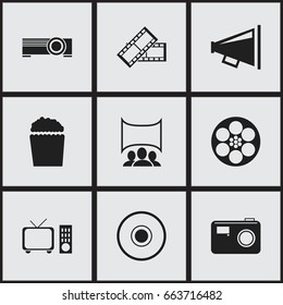 Set Of 9 Editable Cinema Icons. Includes Symbols Such As Compact Disk, Projector, Movie Reel And More. Can Be Used For Web, Mobile, UI And Infographic Design.