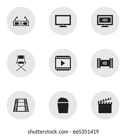 Set Of 9 Editable Cinema Icons. Includes Symbols Such As Chair, Camera Strip, Movie Player And More. Can Be Used For Web, Mobile, UI And Infographic Design.