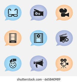 Set Of 9 Editable Cinema Icons. Includes Symbols Such As Camcorder, Reel, Clapperboard And More. Can Be Used For Web, Mobile, UI And Infographic Design.