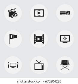 Set Of 9 Editable Cinema Icons. Includes Symbols Such As Display, Clapperboard, Shooting Seat And More. Can Be Used For Web, Mobile, UI And Infographic Design.