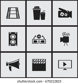 Set Of 9 Editable Cinema Icons. Includes Symbols Such As Drink, Film Glasses, Megaphone And More. Can Be Used For Web, Mobile, UI And Infographic Design.