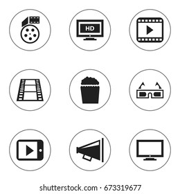 Set Of 9 Editable Cinema Icons. Includes Symbols Such As Reel, Cinema Snack, Hd Screen And More. Can Be Used For Web, Mobile, UI And Infographic Design.