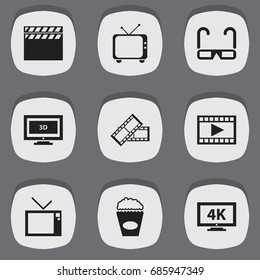 Set Of 9 Editable Cinema Icons. Includes Symbols Such As Movie Reel, Cinema Snack, Film Spectacles And More. Can Be Used For Web, Mobile, UI And Infographic Design.