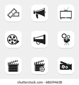 Set Of 9 Editable Cinema Icons. Includes Symbols Such As Bullhorn, Movie Action, Movie Reel And More. Can Be Used For Web, Mobile, UI And Infographic Design.