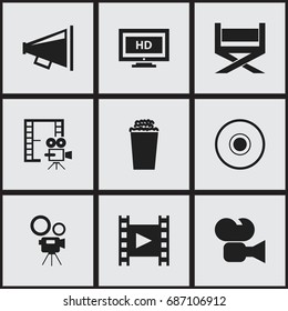 Set Of 9 Editable Cinema Icons. Includes Symbols Such As Loudspeaker, Compact Disk, Popcorn And More. Can Be Used For Web, Mobile, UI And Infographic Design.