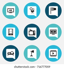 Set Of 9 Editable Cinema Icons. Includes Symbols Such As Retro Tv, Movie, Hd Screen And More. Can Be Used For Web, Mobile, UI And Infographic Design.