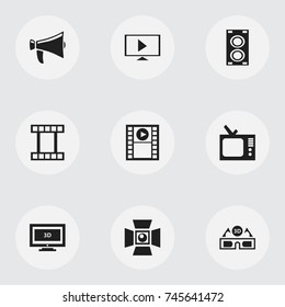 Set Of 9 Editable Cinema Icons. Includes Symbols Such As Retro Tv, Film Glasses, Play Video And More. Can Be Used For Web, Mobile, UI And Infographic Design.