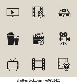 Set Of 9 Editable Cinema Icons. Includes Symbols Such As Telly, Movie Strip, Movie Action And More. Can Be Used For Web, Mobile, UI And Infographic Design.