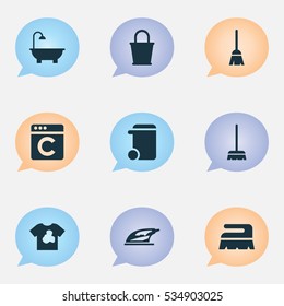 Set Of 9 Editable Cleaning Icons. Includes Symbols Such As Pail, Whisk, Dustbin And More. Can Be Used For Web, Mobile, UI And Infographic Design.