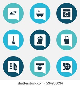 Set Of 9 Editable Cleaning Icons. Includes Symbols Such As Bathroom, Broomstick, Pail And More. Can Be Used For Web, Mobile, UI And Infographic Design.