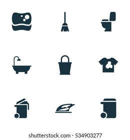 Set Of 9 Editable Cleaning Icons. Includes Symbols Such As Pail, Restroom, Bathroom And More. Can Be Used For Web, Mobile, UI And Infographic Design.