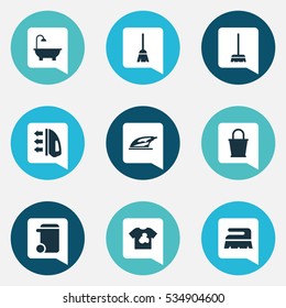 Set Of 9 Editable Cleaning Icons. Includes Symbols Such As Bathroom, Broomstick, Steam And More. Can Be Used For Web, Mobile, UI And Infographic Design.