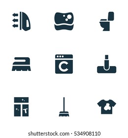 Set Of 9 Editable Cleaning Icons. Includes Symbols Such As Steam, Restroom, Washing Tool And More. Can Be Used For Web, Mobile, UI And Infographic Design.
