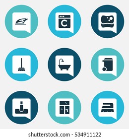Set Of 9 Editable Cleaning Icons. Includes Symbols Such As Laundress, Appliance, Sweep And More. Can Be Used For Web, Mobile, UI And Infographic Design.