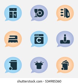 Set Of 9 Editable Cleaning Icons. Includes Symbols Such As Washing Glass, Clean T-Shirt, Sweep And More. Can Be Used For Web, Mobile, UI And Infographic Design.