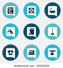 Set Of 9 Editable Cleaning Icons. Includes Symbols Such As No Laundry, Whisk, Bathroom And More. Can Be Used For Web, Mobile, UI And Infographic Design.