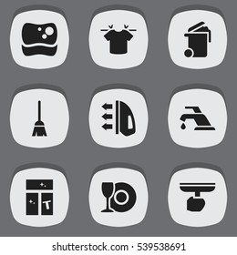Set Of 9 Editable Cleaning Icons. Includes Symbols Such As Washing Glass, Brush, Broomstick And More. Can Be Used For Web, Mobile, UI And Infographic Design.