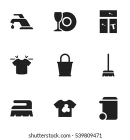 Set Of 9 Editable Cleaning Icons. Includes Symbols Such As Unclean Blouse, Clean T-Shirt, Plate And More. Can Be Used For Web, Mobile, UI And Infographic Design.