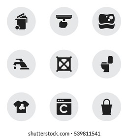 Set Of 9 Editable Cleaning Icons. Includes Symbols Such As Washing Tool, Restroom, Brush And More. Can Be Used For Web, Mobile, UI And Infographic Design.
