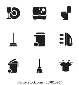 Set Of 9 Editable Cleaning Icons. Includes Symbols Such As Whisk, Container, Dustbin And More. Can Be Used For Web, Mobile, UI And Infographic Design.