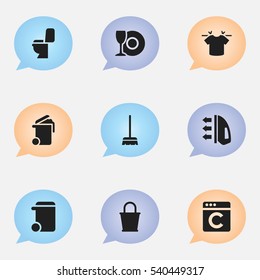 Set Of 9 Editable Cleaning Icons. Includes Symbols Such As Laundress, Dustbin, Whisk And More. Can Be Used For Web, Mobile, UI And Infographic Design.