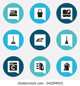 Set Of 9 Editable Cleaning Icons. Includes Symbols Such As Whisk, Sweep, Steam And More. Can Be Used For Web, Mobile, UI And Infographic Design.
