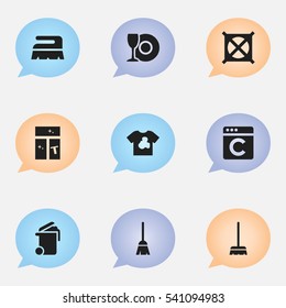 Set Of 9 Editable Cleaning Icons. Includes Symbols Such As Broomstick, No Laundry, Container And More. Can Be Used For Web, Mobile, UI And Infographic Design.