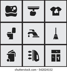 Set Of 9 Editable Cleaning Icons. Includes Symbols Such As Unclean Blouse, Container, Broomstick And More. Can Be Used For Web, Mobile, UI And Infographic Design.
