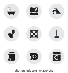 Set Of 9 Editable Cleaning Icons. Includes Symbols Such As Plate, Restroom, Whisk And More. Can Be Used For Web, Mobile, UI And Infographic Design.