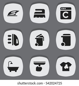 Set Of 9 Editable Cleaning Icons. Includes Symbols Such As Laundress, Unclean Blouse, Appliance And More. Can Be Used For Web, Mobile, UI And Infographic Design.