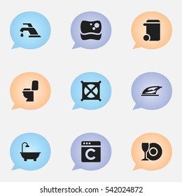 Set Of 9 Editable Cleaning Icons. Includes Symbols Such As Bathroom, Appliance, Dustbin And More. Can Be Used For Web, Mobile, UI And Infographic Design.