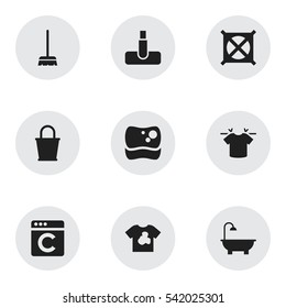 Set Of 9 Editable Cleaning Icons. Includes Symbols Such As Unclean Blouse, Whisk, Pail And More. Can Be Used For Web, Mobile, UI And Infographic Design.