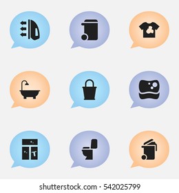 Set Of 9 Editable Cleaning Icons. Includes Symbols Such As Bathroom, Container, Unclean Blouse And More. Can Be Used For Web, Mobile, UI And Infographic Design.