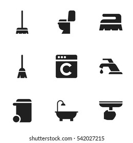 Set Of 9 Editable Cleaning Icons. Includes Symbols Such As Brush, Restroom, Broomstick And More. Can Be Used For Web, Mobile, UI And Infographic Design.