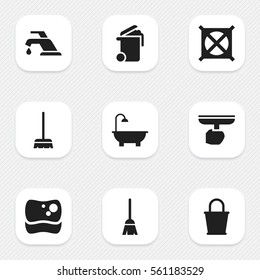 Set Of 9 Editable Cleaning Icons. Includes Symbols Such As Pail, Container, Washing Tool And More. Can Be Used For Web, Mobile, UI And Infographic Design.
