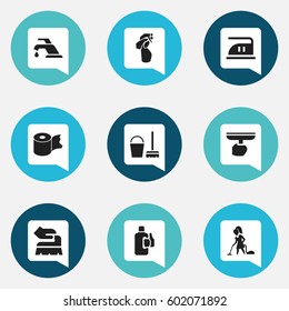 Set Of 9 Editable Cleaning Icons. Includes Symbols Such As Floor Dusting, Hygienic Roll, Brush And More. Can Be Used For Web, Mobile, UI And Infographic Design.
