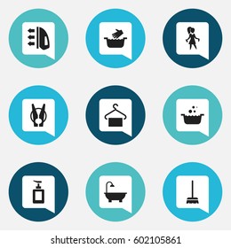 Set Of 9 Editable Cleaning Icons. Includes Symbols Such As Clothes Washing, Hand Sanitizer, Hanger. Can Be Used For Web, Mobile, UI And Infographic Design.