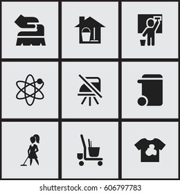 Set Of 9 Editable Cleaning Icons. Includes Symbols Such As Tidy, Notice, Dustbin And More. Can Be Used For Web, Mobile, UI And Infographic Design.