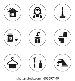 Set Of 9 Editable Cleaning Icons. Includes Symbols Such As Sink, Hazard, Faucet And More. Can Be Used For Web, Mobile, UI And Infographic Design.