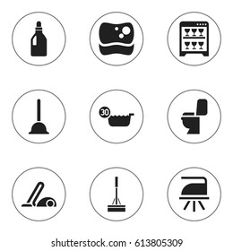 Set Of 9 Editable Cleaning Icons. Includes Symbols Such As Vacuum Cleaner, Cold Water, Washing Tool And More. Can Be Used For Web, Mobile, UI And Infographic Design.