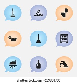 Set Of 9 Editable Cleaning Icons. Includes Symbols Such As Flatiron, Laundry Detergent, Faucet And More. Can Be Used For Web, Mobile, UI And Infographic Design.