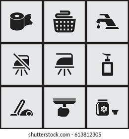Set Of 9 Editable Cleaning Icons. Includes Symbols Such As Hazard, Clean Clothings, Brush And More. Can Be Used For Web, Mobile, UI And Infographic Design.