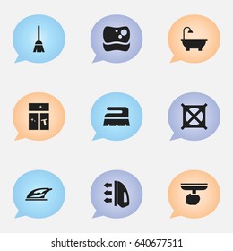 Set Of 9 Editable Cleaning Icons. Includes Symbols Such As Sweep, Washing Glass, Broomstick And More. Can Be Used For Web, Mobile, UI And Infographic Design.