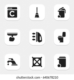 Set Of 9 Editable Cleaning Icons. Includes Symbols Such As Broomstick, Laundress, Brush And More. Can Be Used For Web, Mobile, UI And Infographic Design.